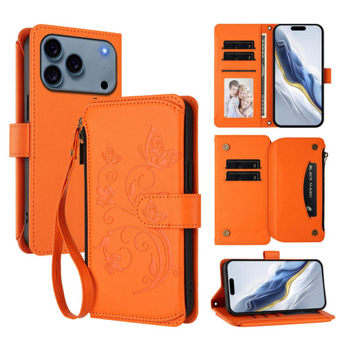 iPhone 17 Pro Butterfly Love Flower Multi-card Zipper Wallet Leather Phone Case - Orange