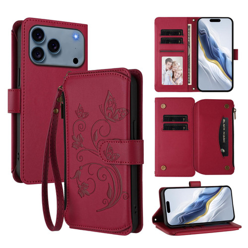 iPhone 17 Pro Butterfly Love Flower Multi-card Zipper Wallet Leather Phone Case - Wine Red