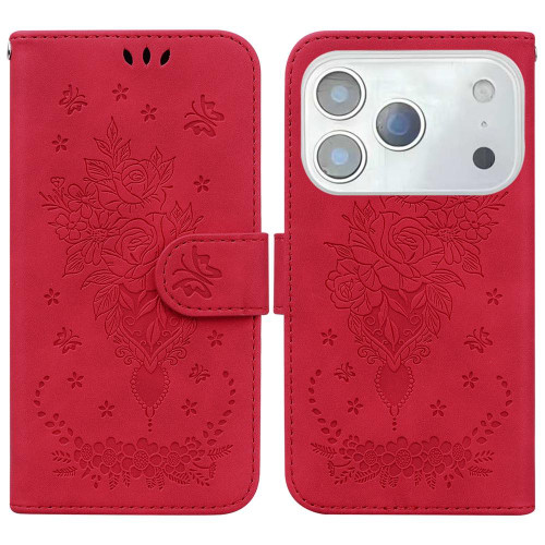 iPhone 17 Pro Butterfly Rose Embossed Leather Phone Case - Red
