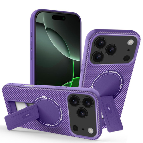 iPhone 17 Pro Carbon Fiber Texture MagSafe Phone Case with Holder - Purple