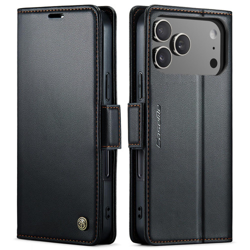 iPhone 17 Pro CaseMe 023 Butterfly Buckle Litchi Texture RFID Anti-theft Leather Phone Case - Black