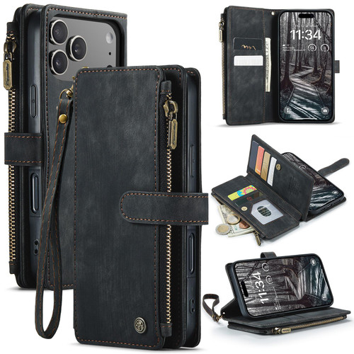 iPhone 17 Pro CaseMe C30 Card Slots Zipper Wallet Leather Phone Case - Black