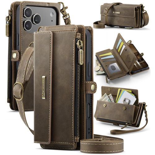 iPhone 17 Pro CaseMe C39 RFID Blocking Zipper Wallet Leather Phone Case with Crossbody Strap - Coffee