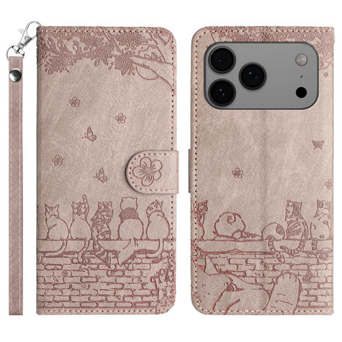 iPhone 17 Pro Cat Embossing Pattern Leather Phone Case with Lanyard - Grey