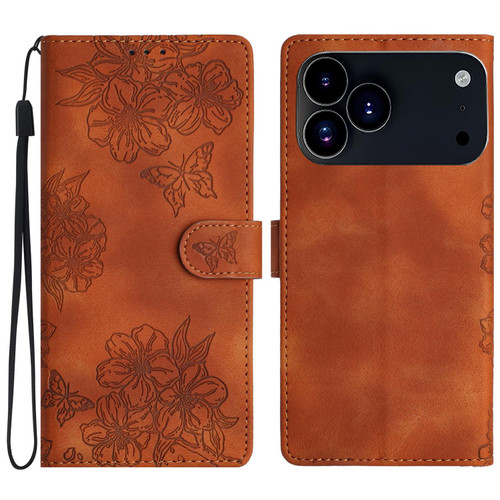 iPhone 17 Pro Cherry Blossom Butterfly Skin Feel Embossed PU Phone Case - Brown