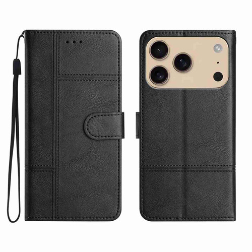 iPhone 17 Pro Cowhide Texture Stitching Leather Phone Case - Black