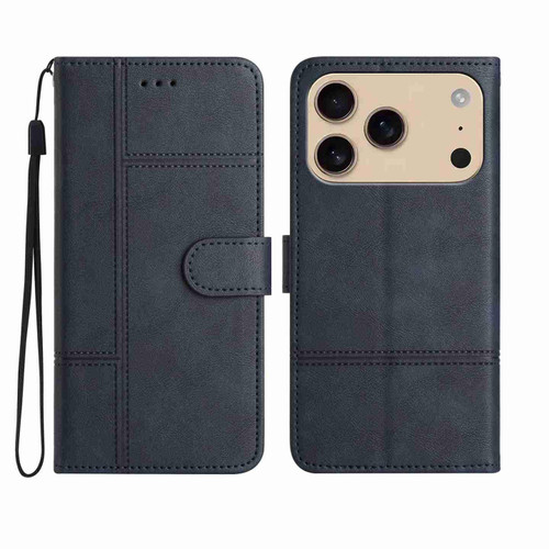 iPhone 17 Pro Cowhide Texture Stitching Leather Phone Case - Dark Blue