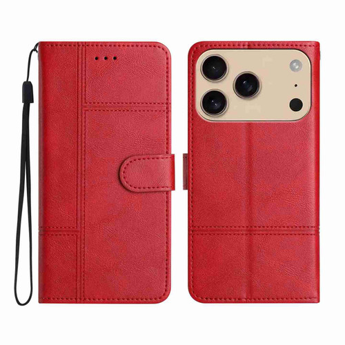 iPhone 17 Pro Cowhide Texture Stitching Leather Phone Case - Red