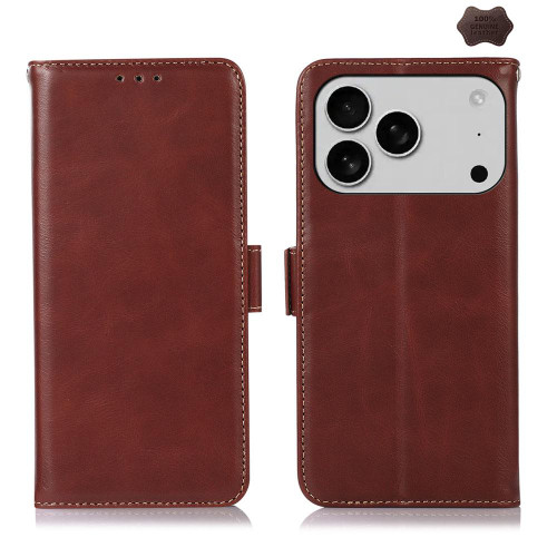 iPhone 17 Pro Crazy Horse Top Layer Cowhide Leather Phone Case - Brown