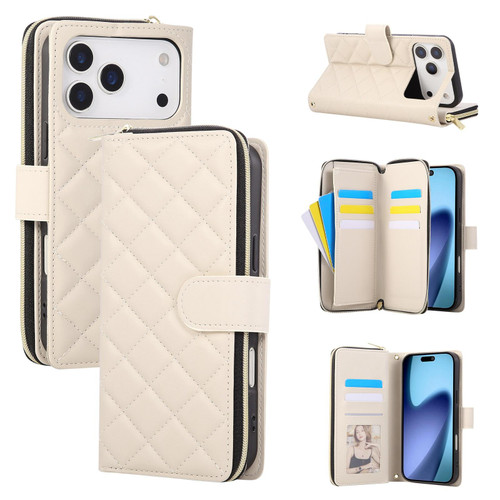 iPhone 17 Pro Crossbody Rhombic Zipper Tower Buckle Leather Phone Case with Lanyard - Beige