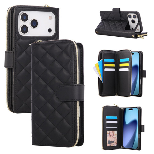 iPhone 17 Pro Crossbody Rhombic Zipper Tower Buckle Leather Phone Case with Lanyard - Black