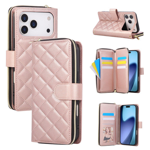 iPhone 17 Pro Crossbody Rhombic Zipper Tower Buckle Leather Phone Case with Lanyard - Rose Gold