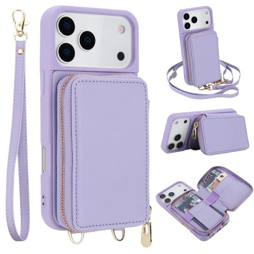 iPhone 17 Pro Crossbody Zipper RFID Card Bag Phone Case - Light Purple