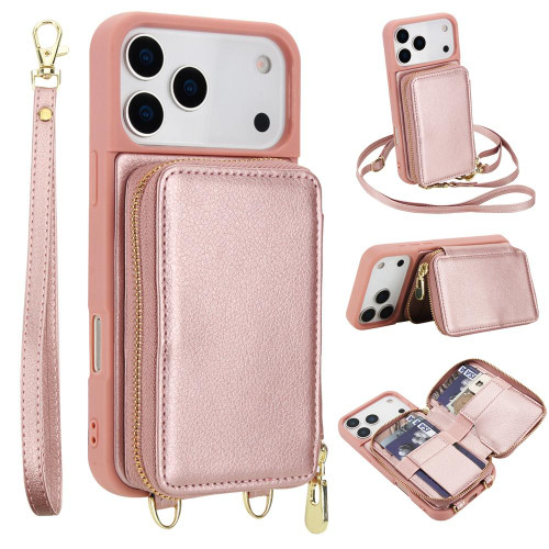 iPhone 17 Pro Crossbody Zipper RFID Card Bag Phone Case - Rose Gold