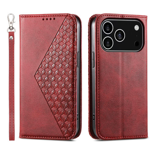 iPhone 17 Pro Cubic Grid Calf Texture Magnetic Leather Phone Case - Red