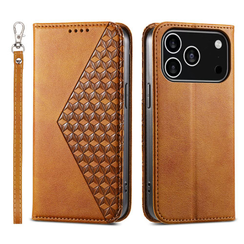 iPhone 17 Pro Cubic Grid Calf Texture Magnetic Leather Phone Case - Yellow