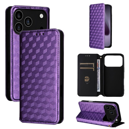 iPhone 17 Pro Cubic Grid Texture Flip Leather Phone Case - Purple