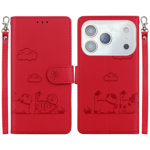 iPhone 17 Pro Cute Cats RFID Leather Phone Case - Red