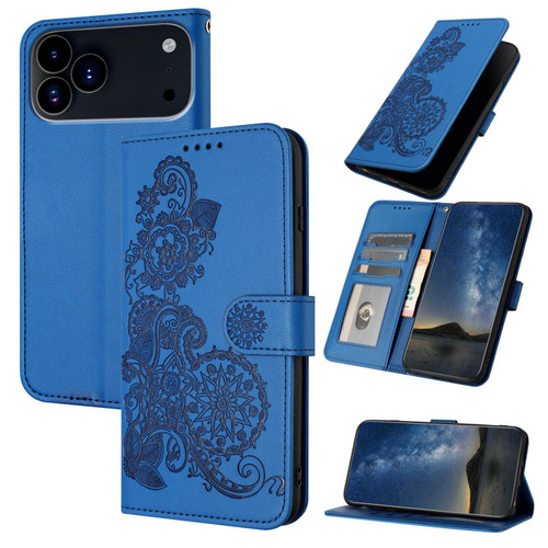 iPhone 17 Pro Datura Flower Embossed Flip Leather Phone Case - Blue