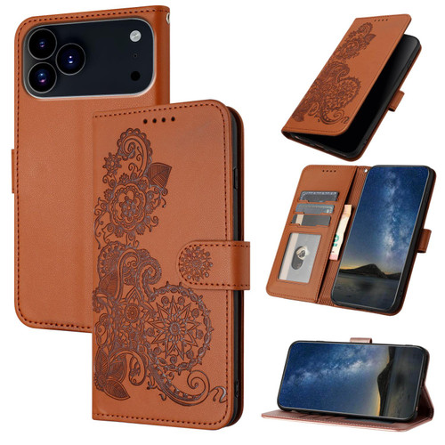 iPhone 17 Pro Datura Flower Embossed Flip Leather Phone Case - Brown