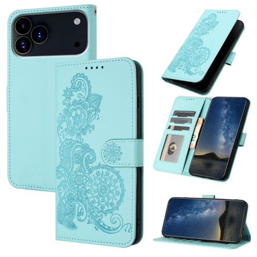 iPhone 17 Pro Datura Flower Embossed Flip Leather Phone Case - Light Blue