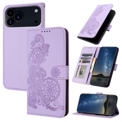 iPhone 17 Pro Datura Flower Embossed Flip Leather Phone Case - Purple