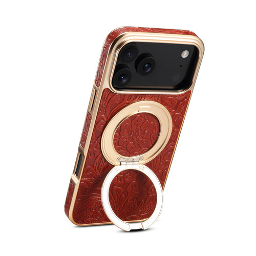 iPhone 17 Pro Denior A23 Retro Flower Texture Magnetic Holder Electroplating Genuine Leather Phone Case - Red