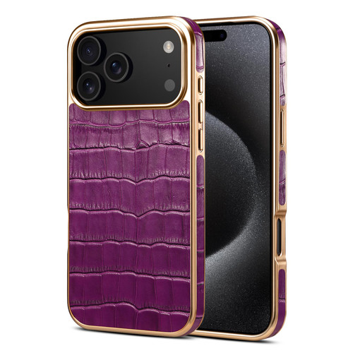 iPhone 17 Pro Denior Crocodile Texture Genuine Leather Electroplating Phone Case - Purple