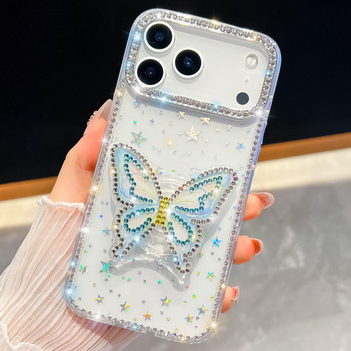 iPhone 17 Pro Diamond Glitter Butterfly Holder Phone Case - Transparent Stars