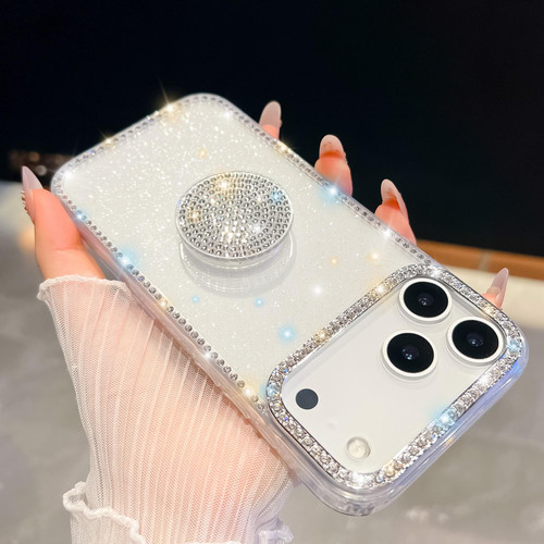 iPhone 17 Pro Diamond Glitter Diamond Round Holder Phone Case - White