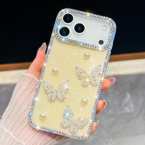 iPhone 17 Pro Diamond Glitter Pearl Butterfly Four-Corner Shockproof Phone Case - Light Yellow