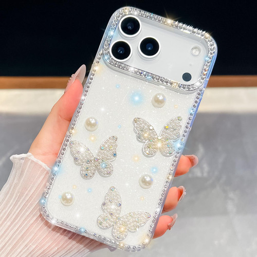 iPhone 17 Pro Diamond Glitter Pearl Butterfly Four-Corner Shockproof Phone Case - Transparent