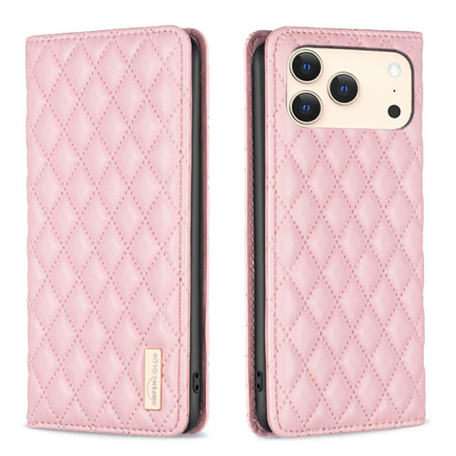 iPhone 17 Pro Diamond Lattice Magnetic Leather Flip Phone Case - Pink