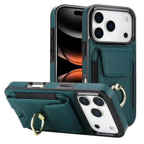 iPhone 17 Pro Elastic Card Bag Ring Holder Phone Case - Dark Green