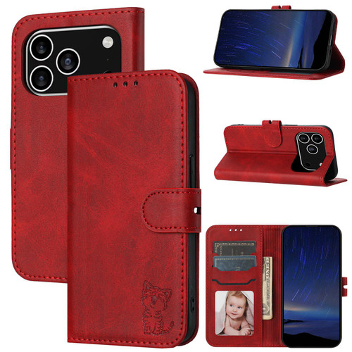 iPhone 17 Pro Embossed Happy Cat Pattern Flip Leather Phone Case - Red