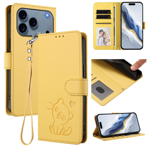 iPhone 17 Pro Embossed Heart Cat Leather Phone Case with Hand Strap - Yellow