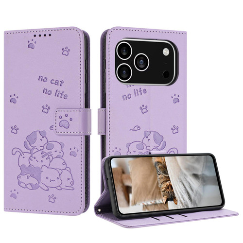 iPhone 17 Pro Embossed Kitten Phone Leather Case with Lanyard - Purple