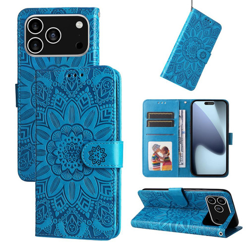 iPhone 17 Pro Embossed Sunflower Leather Phone Case - Blue