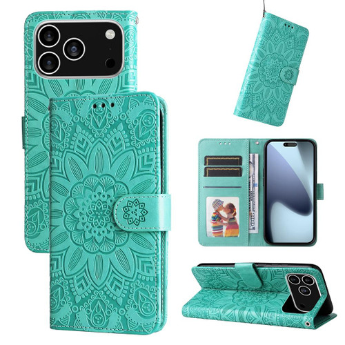 iPhone 17 Pro Embossed Sunflower Leather Phone Case - Green
