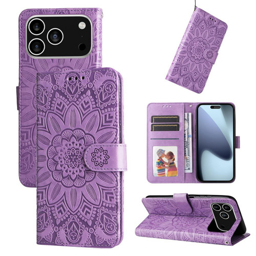 iPhone 17 Pro Embossed Sunflower Leather Phone Case - Purple