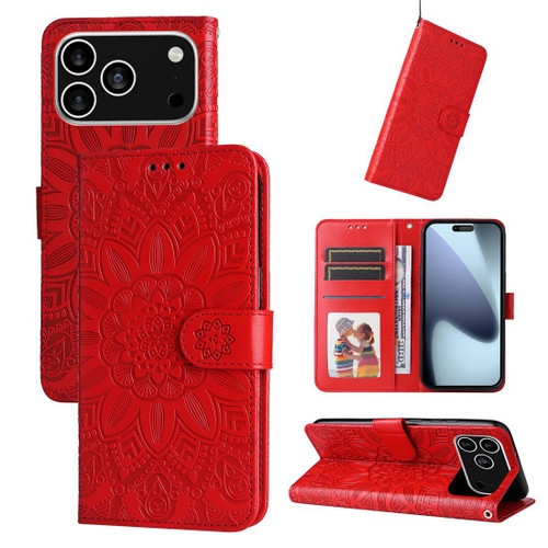 iPhone 17 Pro Embossed Sunflower Leather Phone Case - Red