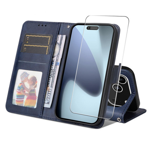 iPhone 17 Pro ENKAY Card Wallet Calf Texture Leather Phone Case with Thickened Glue No White Edge Film - Blue