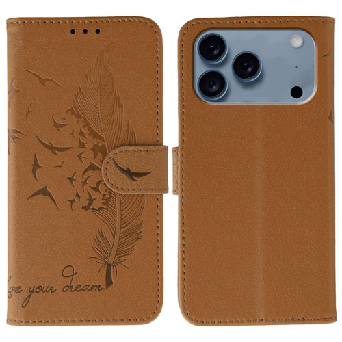 iPhone 17 Pro Feather Pattern Litchi Texture Leather Phone Case - Brown