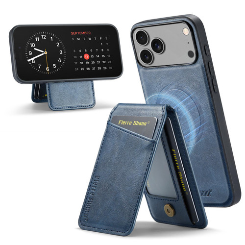 iPhone 17 Pro Fierre Shann Cowhide Vertical Flip Magnetic Card Holder Phone Case - Blue