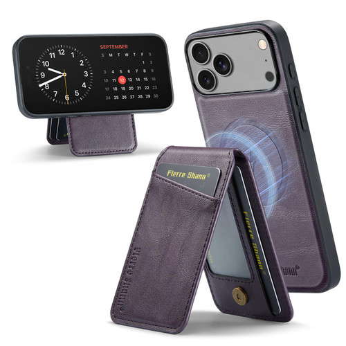 iPhone 17 Pro Fierre Shann Cowhide Vertical Flip Magnetic Card Holder Phone Case - Purple