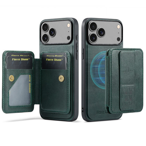 iPhone 17 Pro Fierre Shann Oil Wax Cow Leather Card Holder Back Phone Case - Green