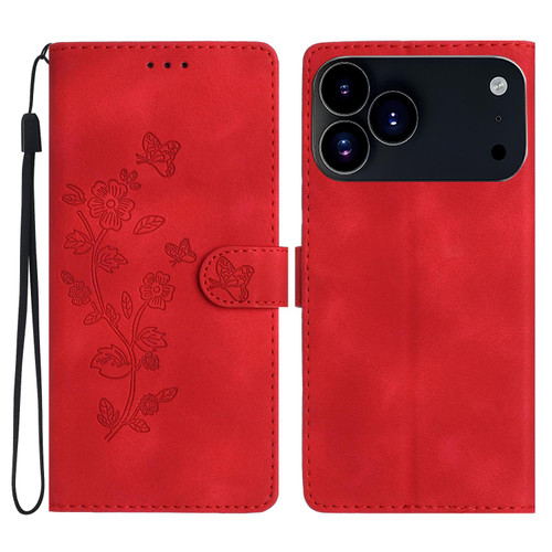 iPhone 17 Pro Flower Butterfly Embossing Pattern Leather Phone Case - Red