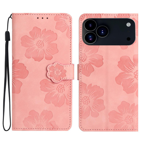 iPhone 17 Pro Flower Embossing Pattern Leather Phone Case - Pink