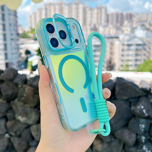 iPhone 17 Pro Gradient Discolor MagSafe Phone Case with Holder / Wrist Strap - Blue