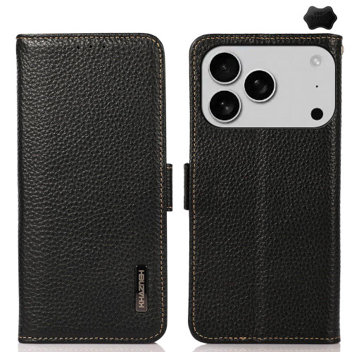 iPhone 17 Pro KHAZNEH Side-Magnetic Litchi Genuine Leather RFID Case - Black iPhone 17 Pro KHAZNEH Side-Magnetic Litchi Genuine Leather RFID Case - Black